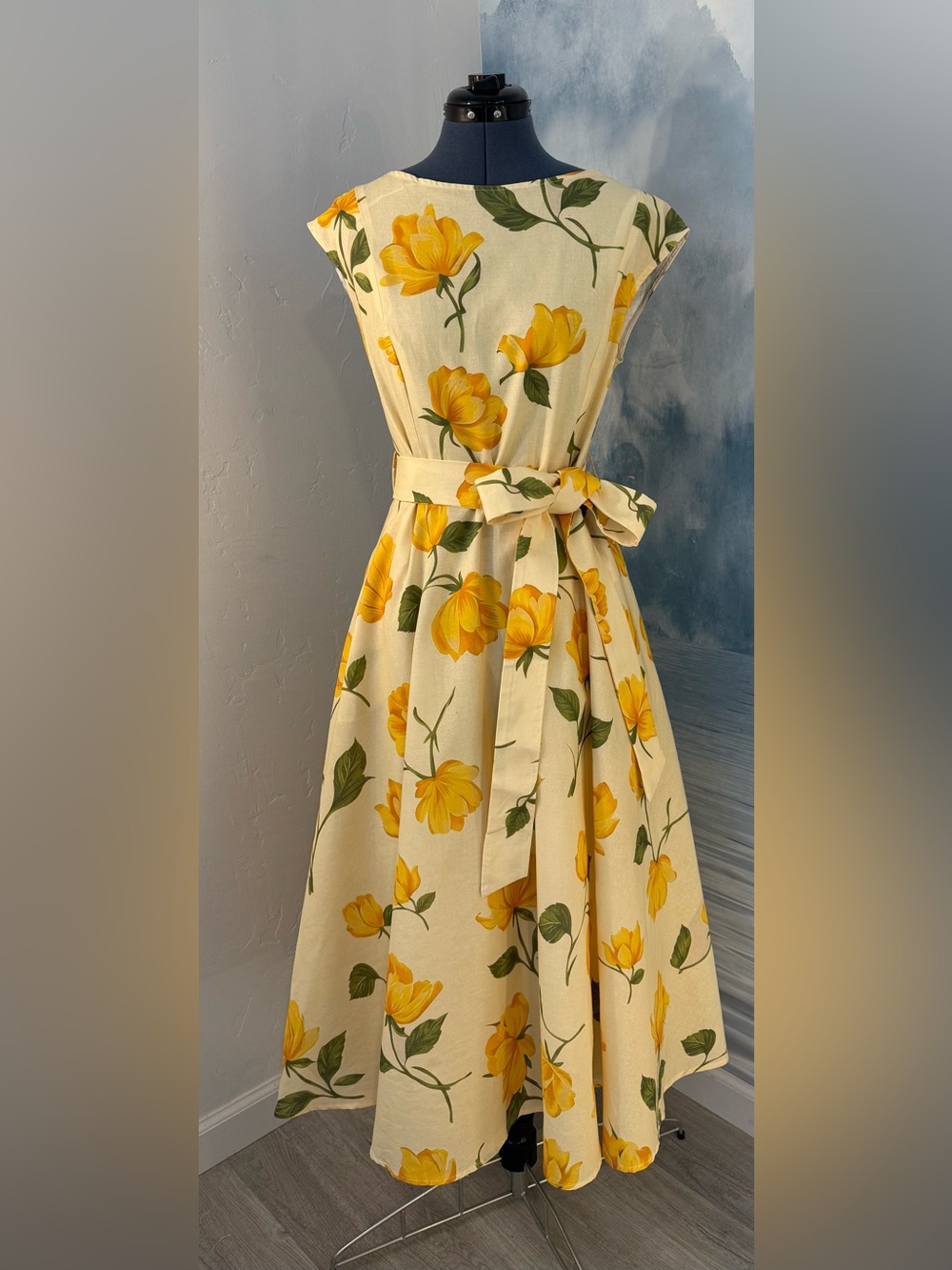 Chillinen Yellow Floral Midi Dress with Tie Waist# 359